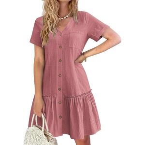 Hotouch Womens Pink 100% Cotton‎ Button Down Ruffle Hem Mini Dress XL NWT